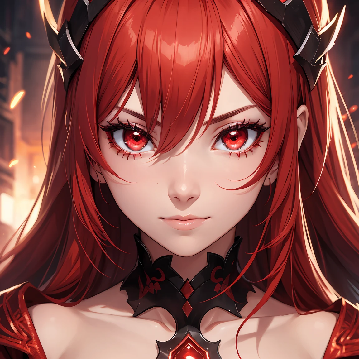 Woman1, face close-up, detailed eyes close-up, bright glowing red eyes, beautiful detailed face, detailed red hair, high detail, better resolution, detailed face and eyes
