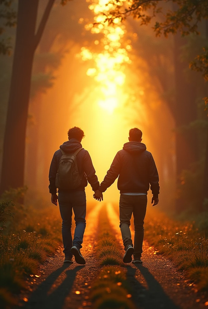 perfect Two young men walk forward on a path, one friend stretches his hand towards the light and the other friend leads towards the bright yellow light seen in the distance, a view of the light in the distance, realistic pic, attractive pic