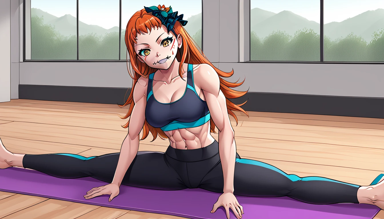 rndPanette, long hair, hair bow, makeup, facial mark, stitched mouth, yoga pants, sports bra, (toned), 1girl, solo, Sitting, On the floor, Split Horizon, stretch, horizontal splits, stretch regs, hands on floor, smile