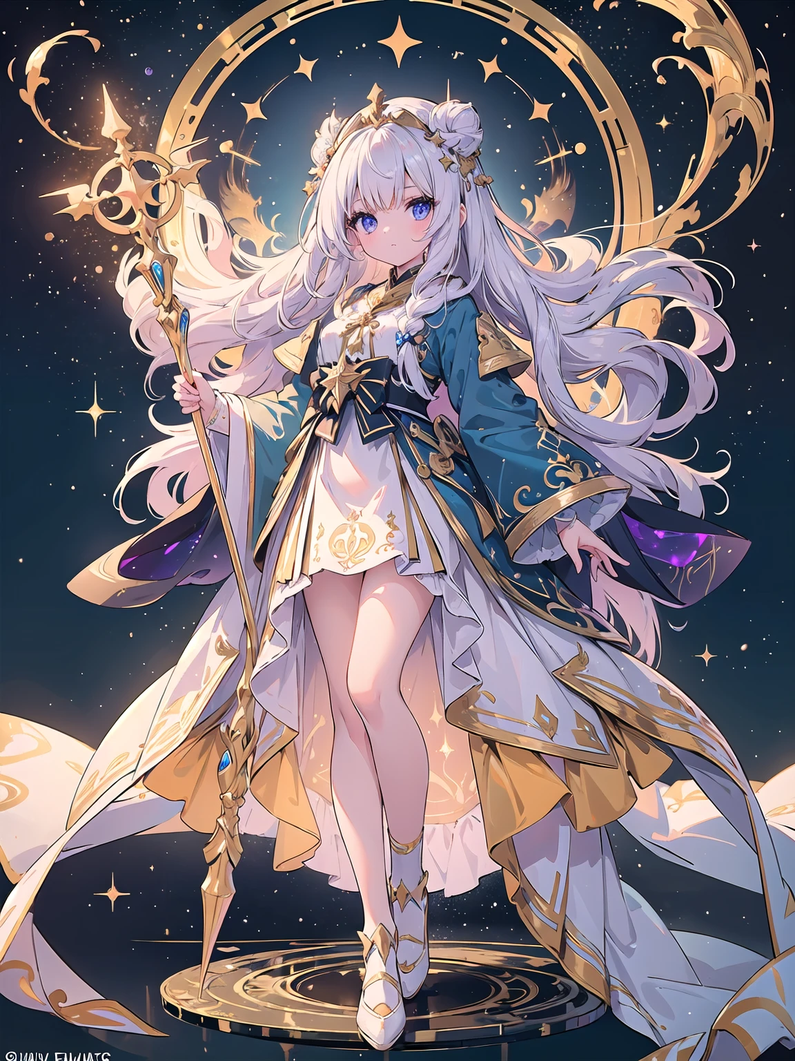 (((masterpiece, best quality, high detailed, 16k))) (1girl) A dazzling celestial priestess with flowing white hair that shimmers like stardust, and eyes that glow with the light of distant galaxies. She wears robes of deep purple and gold, decorated with star motifs and celestial symbols. She holds a staff crowned with a radiant star, and her presence is both ethereal and divine. ((full body view))