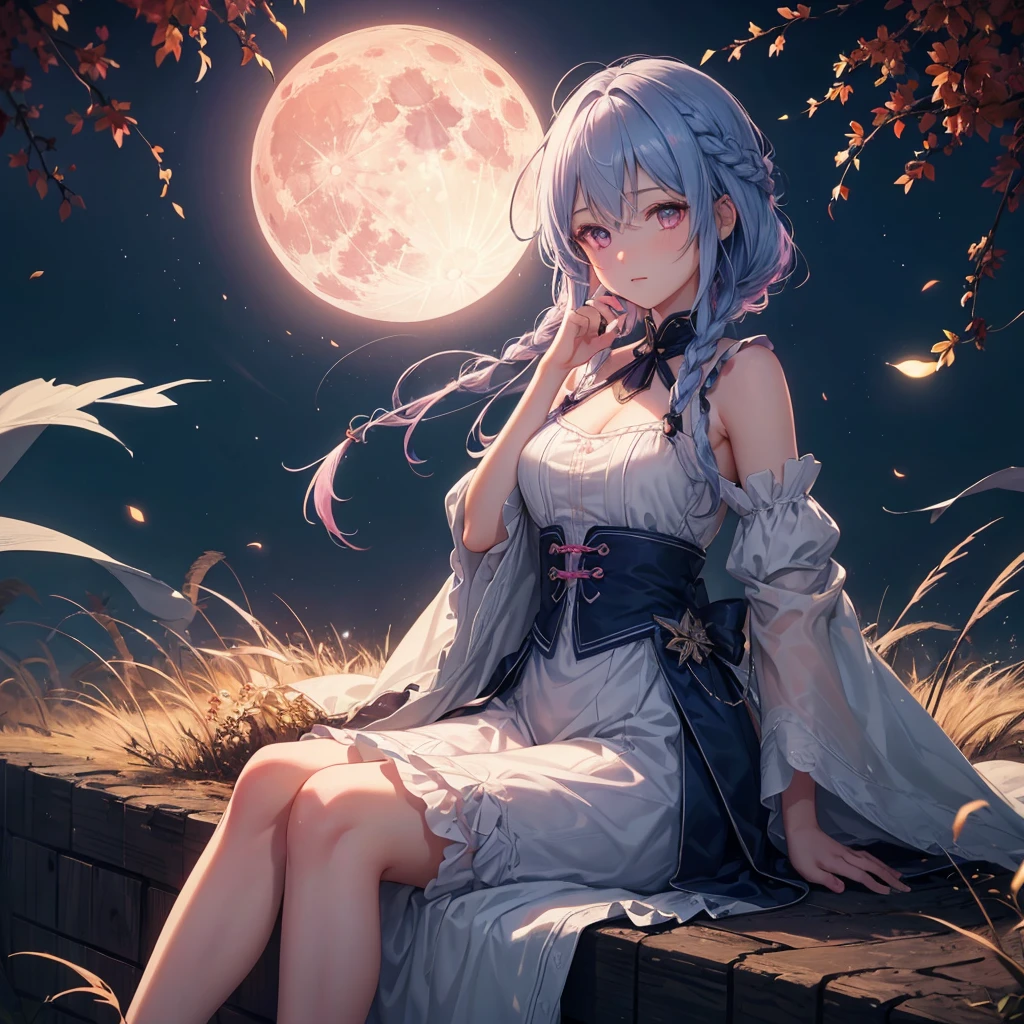 (Braiding),(Sky blue medium hair), (Pink eyes),(Fair skin)  ,(whole body),(One Girl),(harvest moon),(A large amount of Miscanthus sinensis in the background),autumn,(full moon),(masterpiece, Highest quality, Very detailed, Best Shadow), (Detailed Background), (Beautifully detailed face), High Contrast, (Best lighting, Very delicate and beautiful), ((Cinematic Light)), Hyper Detail,8k, Dramatic Light, Intricate details