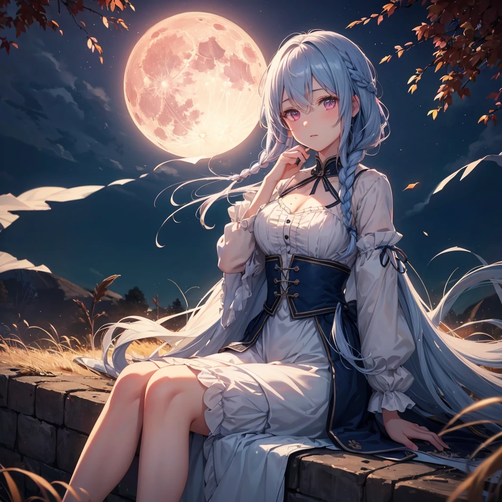 (Braiding),(Sky blue medium hair), (Pink eyes),(Fair skin)  ,(whole body),(One Girl),(harvest moon),(A large amount of Miscanthus sinensis in the background),autumn,(full moon),(masterpiece, Highest quality, Very detailed, Best Shadow), (Detailed Background), (Beautifully detailed face), High Contrast, (Best lighting, Very delicate and beautiful), ((Cinematic Light)), Hyper Detail,8k, Dramatic Light, Intricate details