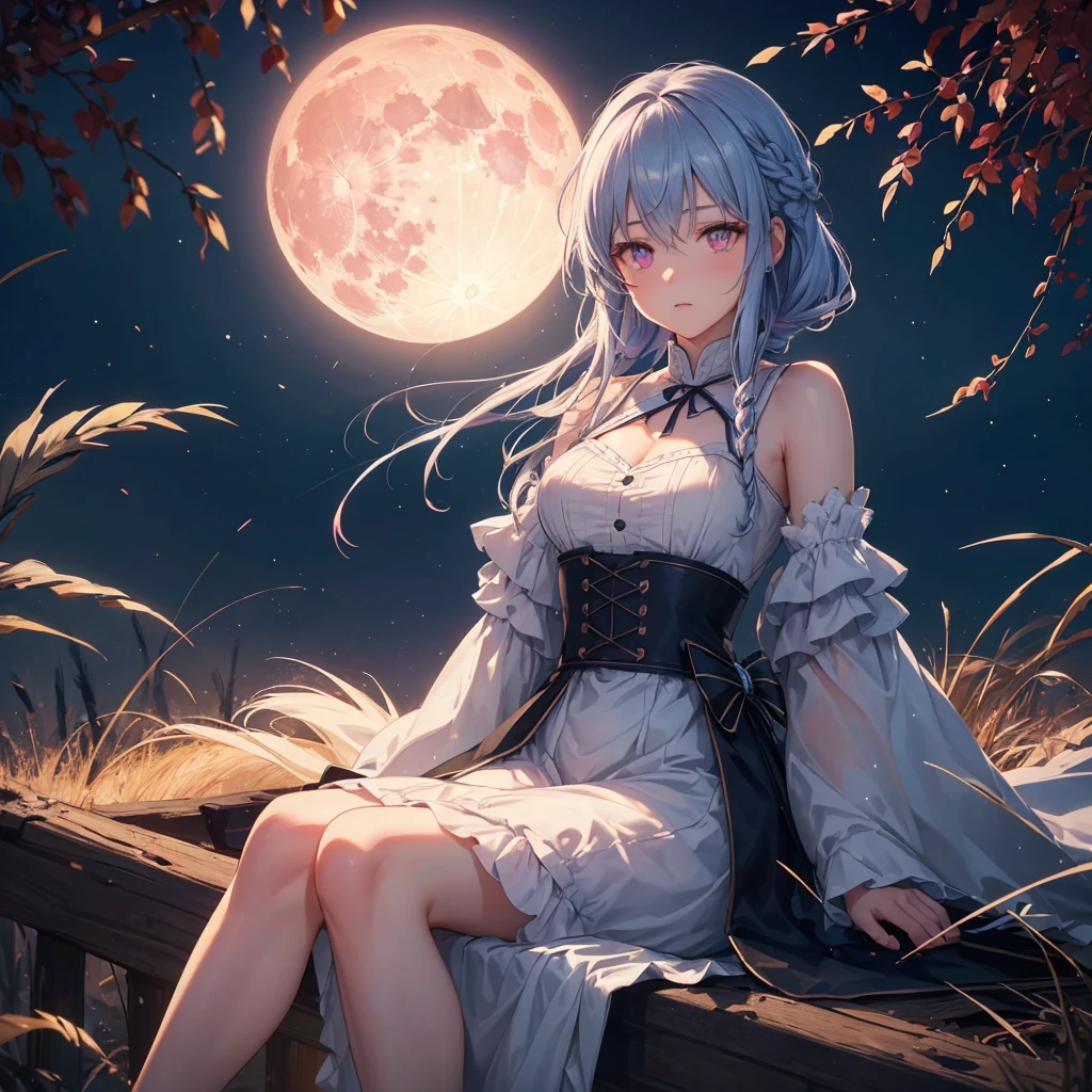 (Braiding),(Sky blue medium hair), (Pink eyes),(Fair skin) ,(whole body),(One Girl),(harvest moon),(A large amount of Miscanthus sinensis in the background),autumn,(full moon),(masterpiece, Highest quality, Very detailed, Best Shadow), (Detailed Background), (Beautifully detailed face), High Contrast, (Best lighting, Very delicate and beautiful), ((Cinematic Light)), Hyper Detail,8k, Dramatic Light, Intricate details