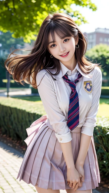 photography of a brightly sangmi nam who is korean actress,masterpiece,photorealistic,analog,realism,korean idol,slim leg, long_brown_hair,1 girl, very bright backlighting, solo, {beautiful and detailed eyes},large breasts,calm expression, natural and soft light, hair blown by the breeze, delicate facial features, Blunt bangs, beautiful korean girl, eye smile, very small earrings, 18yo, ((model pose)), Glamor body type,(half red and half brown hair:1.2), flim grain, realhands, masterpiece, Best Quality, photorealistic, ultra-detailed, finely detailed, high resolution,brown messy hair, perfect dynamic composition, beautiful detailed eyes,Korean girl,((nervous and embarrassed)),sharp-focus, beautymix, FilmGirl,long hair,((smile:1.5)),(head tilted:1.5),(wearing a pink school uniform:1.3),(standing in the park:1.3),(The wind blows your hair:1.4),cowboy_shot
