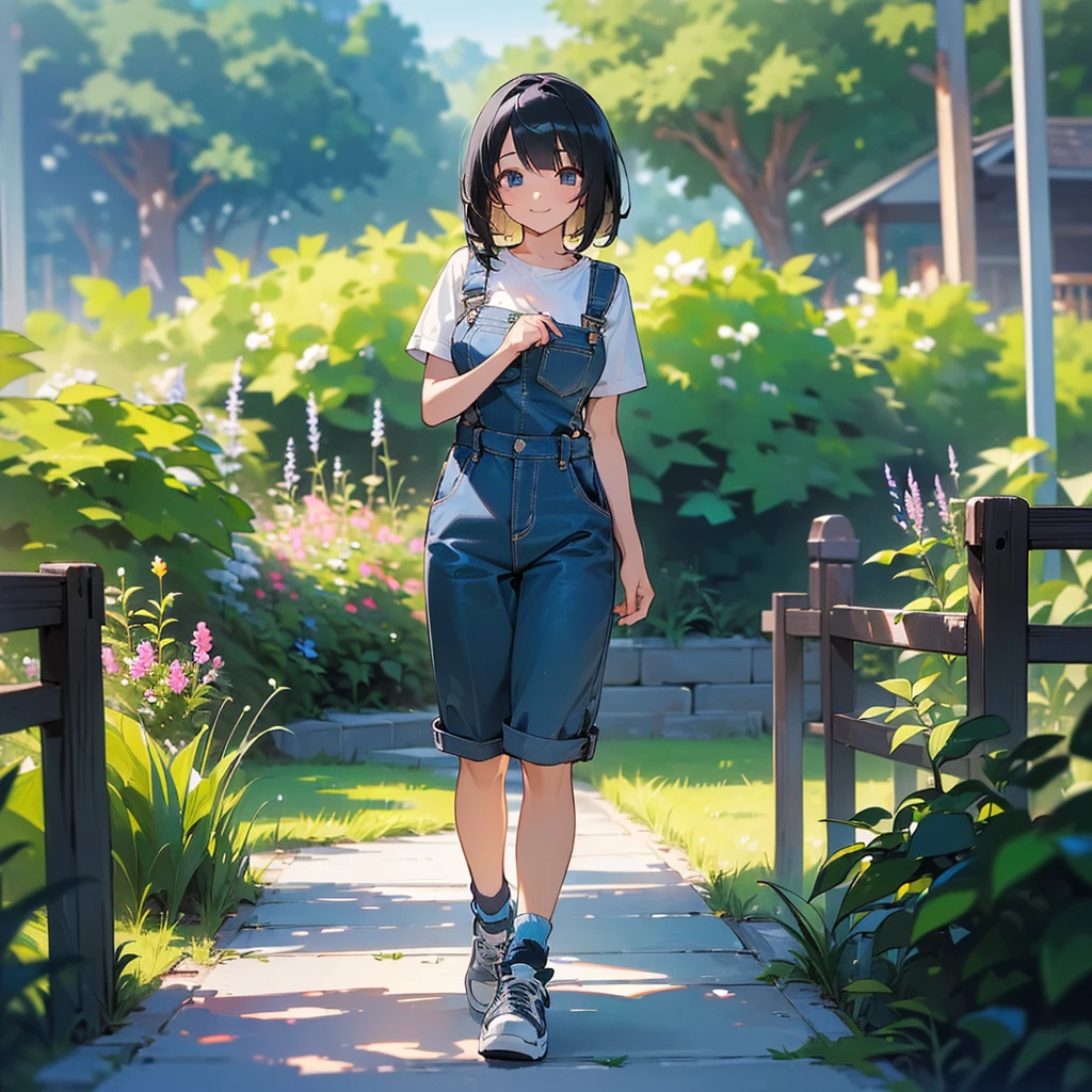 (high quality, High resolution, Very detailed, reality:1.37), Peaceful atmosphere, (Outdoor, garden), age girl standing alone, (my breasts are big.), Beautiful details, Cute Smile, (Black bob hair), Short sleeve shirt, Overalls, Blue socks, sneakers.