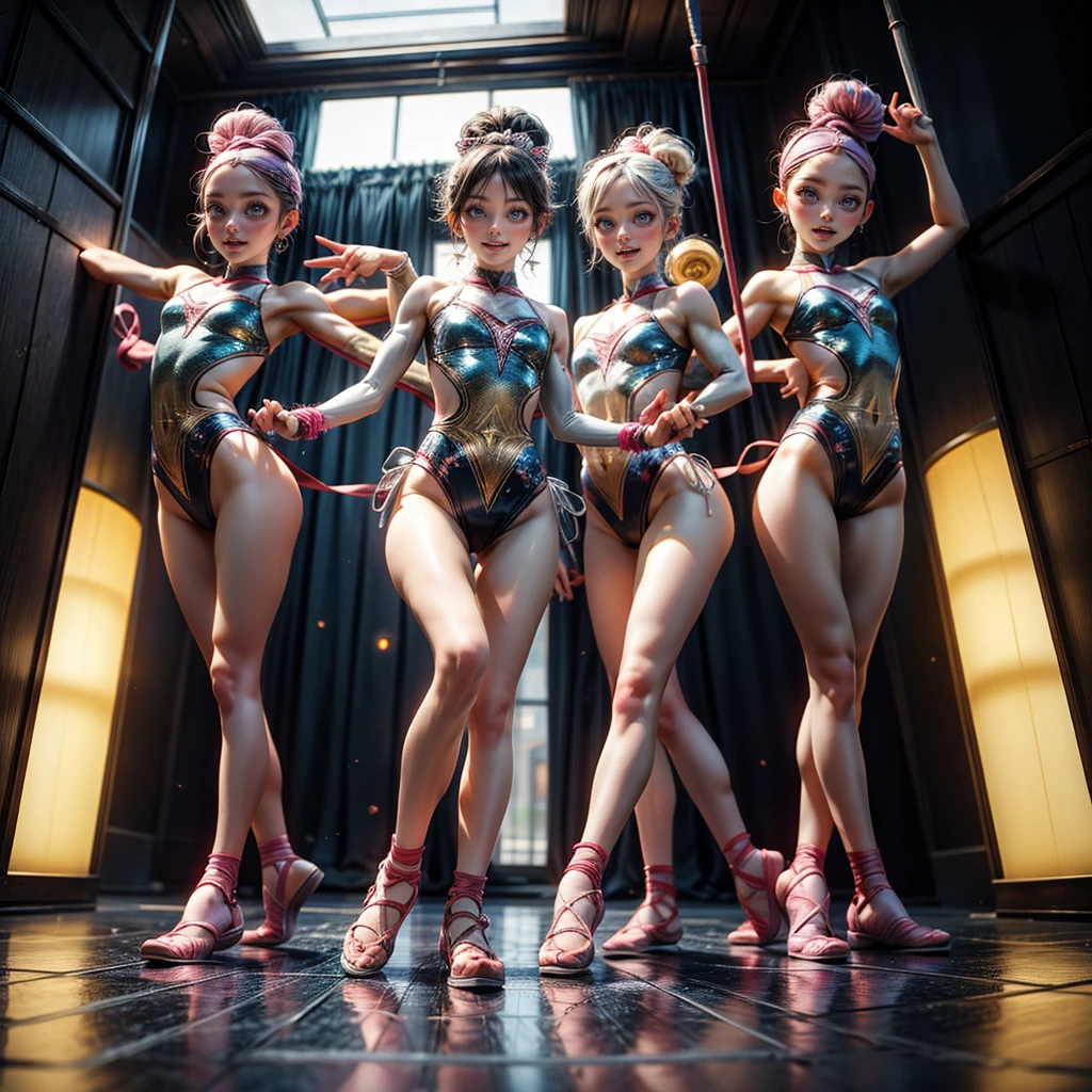 ExtremelyDetailed (((Rhythmic Gymnastics Team Kawaii Kids in a row:1.4))), Childish perfect face, Reflective Eyes, Detailed(Delicate Clothing textures), Corrected Leg to Foot Line, Corrected Perfect Hand, Dynamic Joyful Expressions LifeLike Rendering, ((Specular Reflection:1.28)), TopQuality 8K Ultra-detailed masterpiece (ProfessionalPhoto:1.37)(Acutance:0.8),(Luminism:1.22),