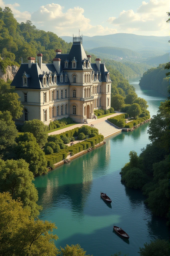 French chateau with a river in the background