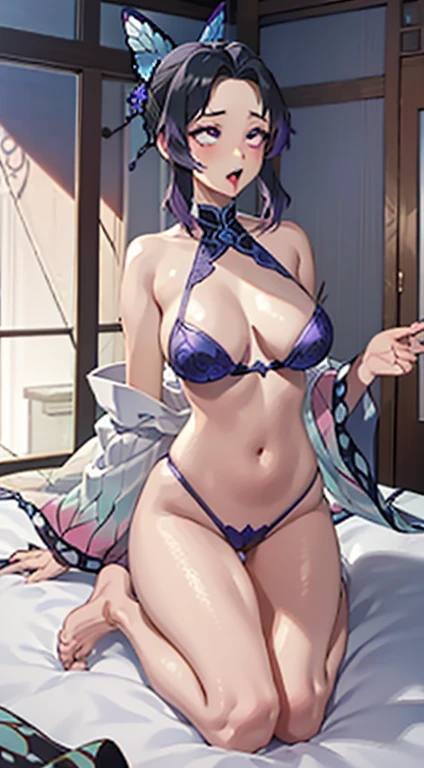 Ultra-realistic 8K CG,tmasterpiece,((Ultra detailed backgrounds,delicate patterns,Complicated details)),Best quality at best,Full body photo,very vey very detailed face,very detailed eyes and faces,Very detailed eyes,Kochou Shinobu,O cabelo multicolorido,No bangs,hair intakes,Purple eye,haori,butterflys,obi strip,(trpical garden:1.2),purple flower,mostly cloudy sky,rays of sunshine,Tyndall effect,Gradient_sky,the face,beautiful sky,Saber on the waist,captivating posture,(Large breasts:1.3),(cleavage:1.3),(Off-the-shoulder attire:1.6),open mouth,Sex,Naughty,blush,Drooling,Naughty,