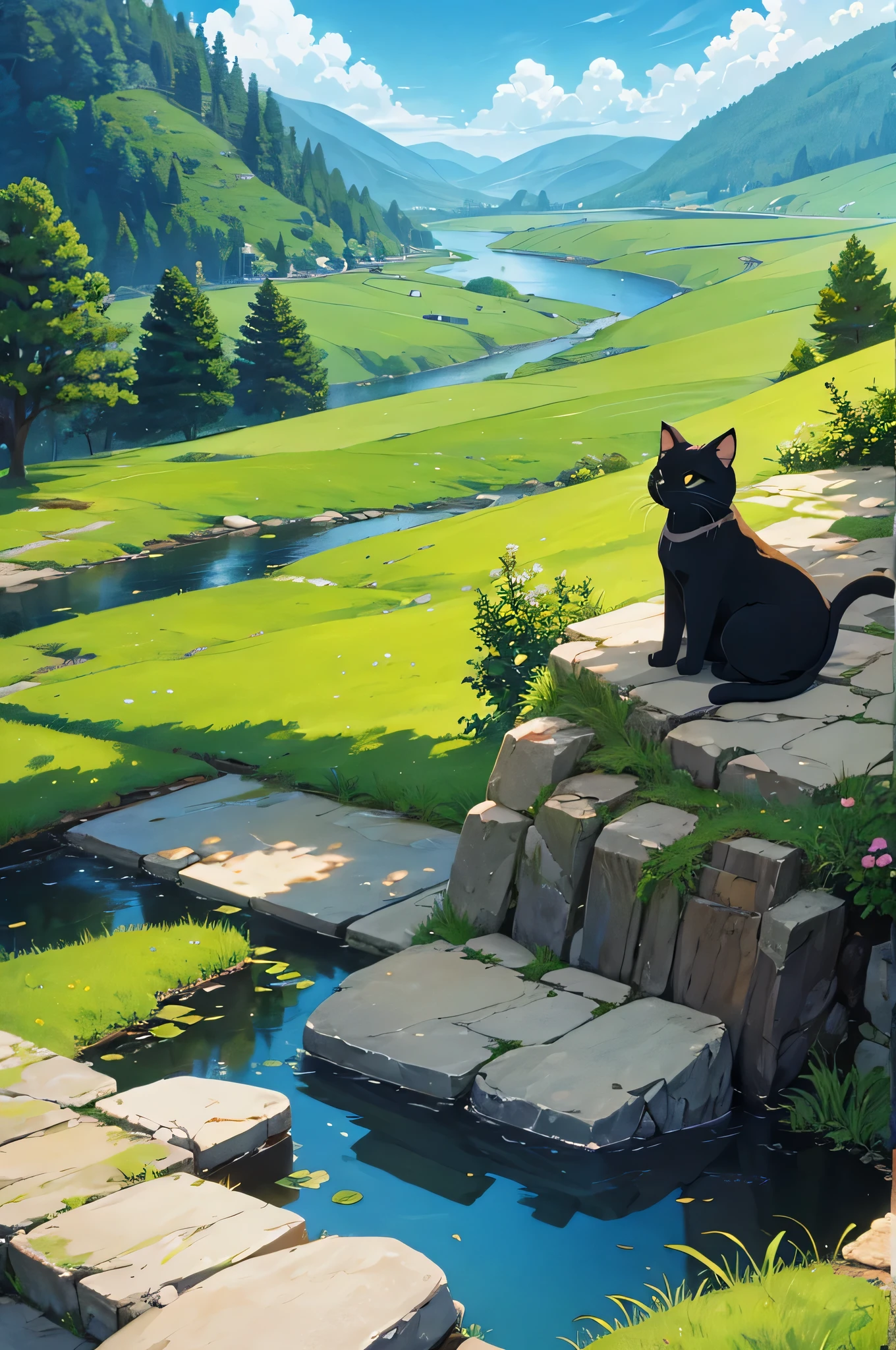 Ghibli-style illustrations，landscape，Cat，wideshot，Detailed illustrations，High quality