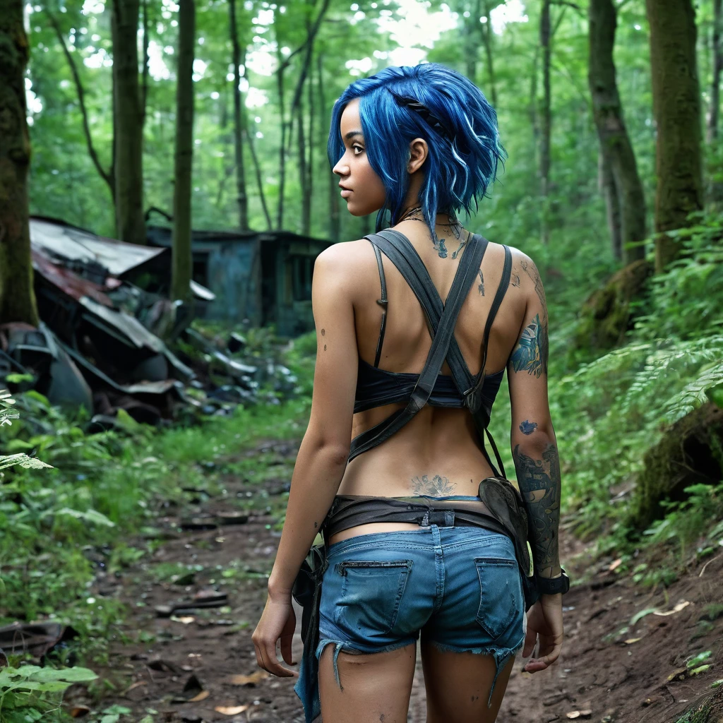 1 girl, beautiful biracial woman with blue hair,blue eyes, extremely detailed full body , look back, Résolution Haute, post apocalyptic world, survivor dirty clothes, last of us, forest in city,De Derrière, 