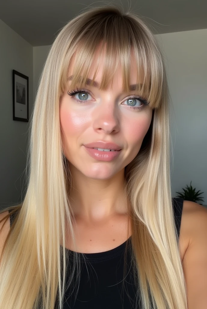 ¿a woman with very long straight blonde hair and bangs?