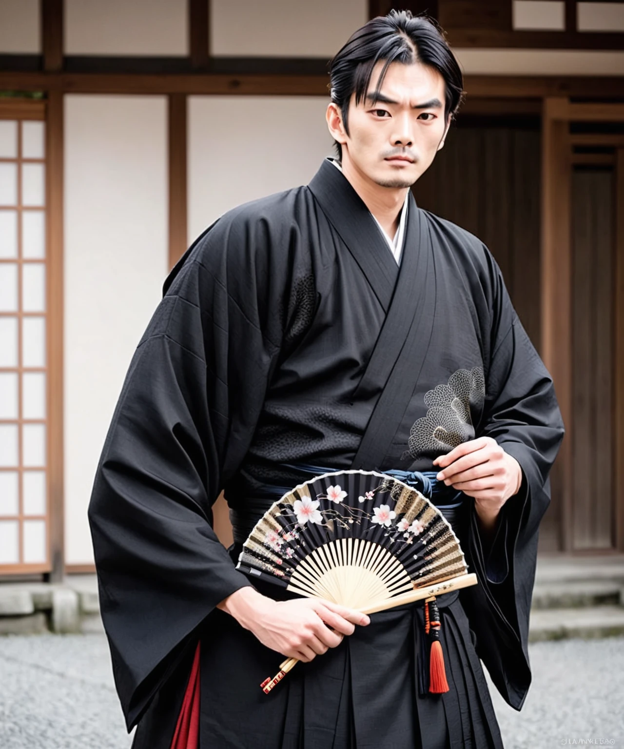 arafed man in a black kimono holding a fan, traditional japanese, japaneese style, japanese model, wearing hakama, japanese style, hakama kimono, japanese clothes, wearing a haori, inspired by Itō Ogura Yonesuke, intricate hakama, wearing a kimono, japanic style, wearing japanese techwear