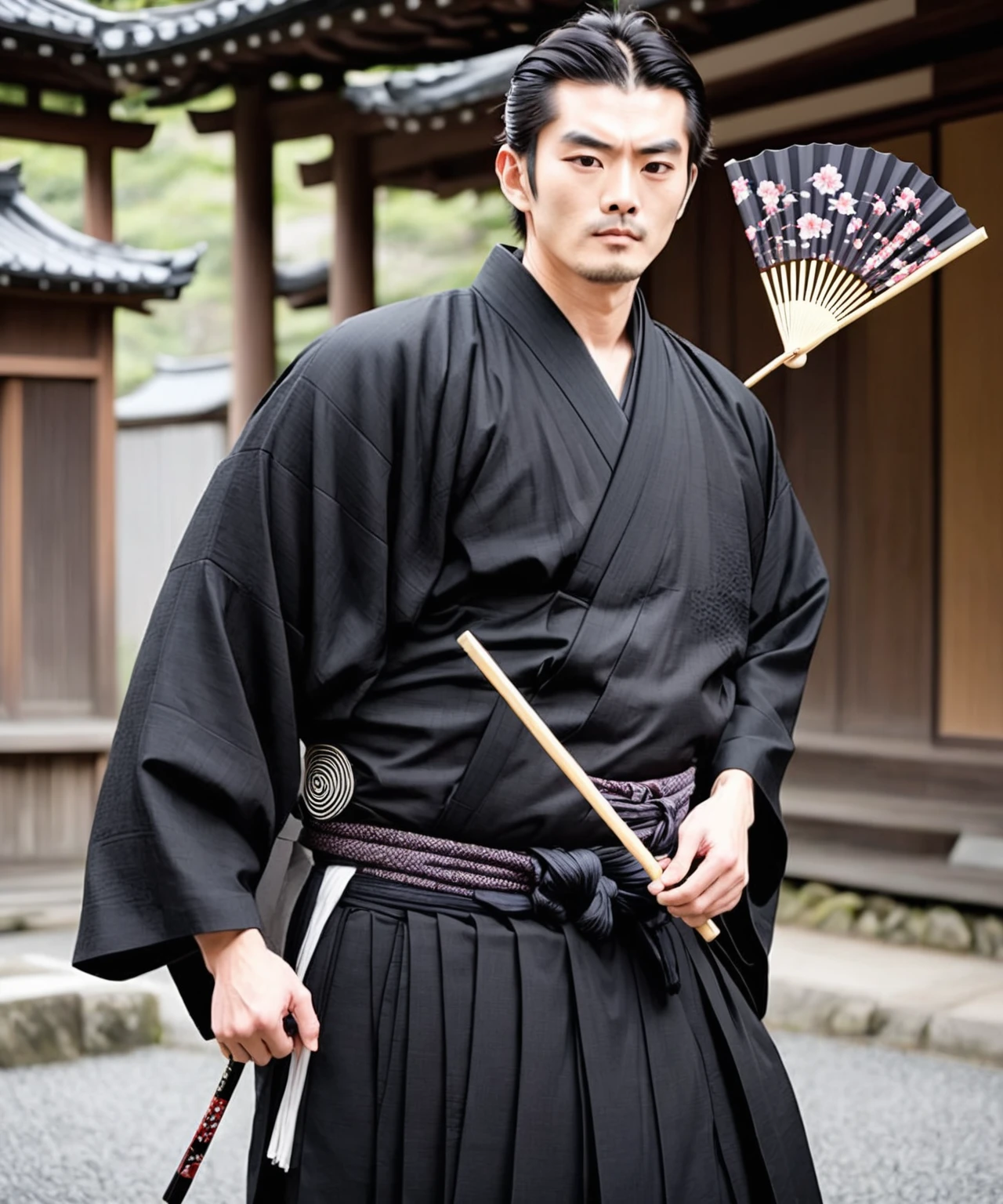 arafed man in a black kimono holding a fan, traditional japanese, japaneese style, japanese model, wearing hakama, japanese style, hakama kimono, japanese clothes, wearing a haori, inspired by Itō Ogura Yonesuke, intricate hakama, wearing a kimono, japanic style, wearing japanese techwear