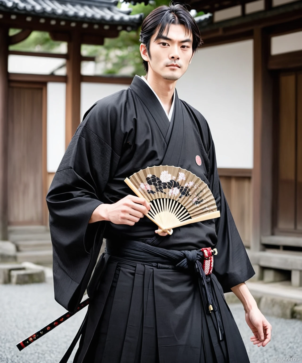 arafed man in a black kimono holding a fan, traditional japanese, japaneese style, japanese model, wearing hakama, japanese style, hakama kimono, japanese clothes, wearing a haori, inspired by Itō Ogura Yonesuke, intricate hakama, wearing a kimono, japanic style, wearing japanese techwear