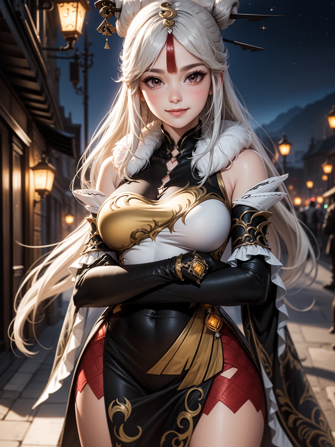 Masterpiece, high quality, 8k,detailed body, ultra detailed, detailed face, standing, blush, bright eye, outdoors, (detail face), ningguangdef, (gigantic breasts),(night), half body, smile,
