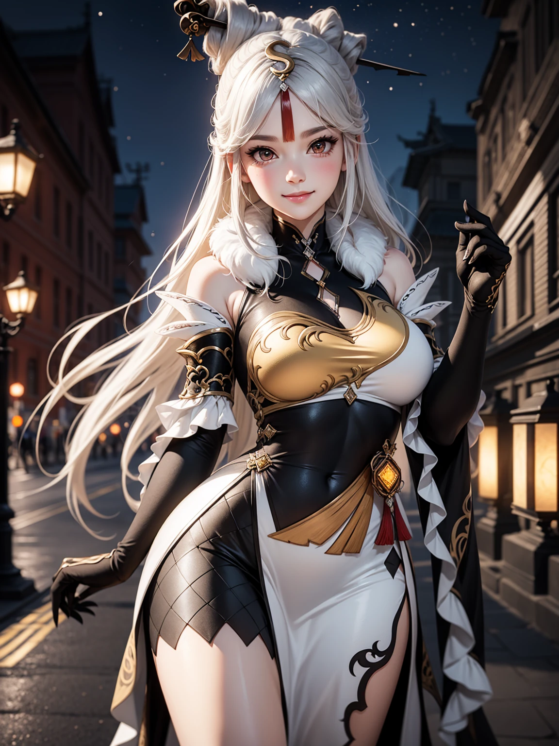 Masterpiece, high quality, 8k,detailed body, ultra detailed, detailed face, standing, blush, bright eye, outdoors, (detail face), ningguangdef, (gigantic breasts),(night), half body, smile,