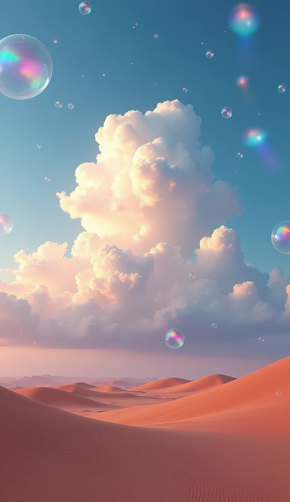 desert, that'noon, Wet day,bad weather), Beautiful sky, Beautiful Clouds, (Transparent bubbles shine like prisms here and there in the sky), quality\(8k,非常に精細なCGユニットのwallpaper, masterpiece,High resolution,top-quality,top-quality real texture skin,Surreal,Increase the resolution,RAW Photos,最高quality,Very detailed,wallpaper,Cinema Lighting,Ray Tracing,Golden Ratio\),(Long Shot),Wide Shot,