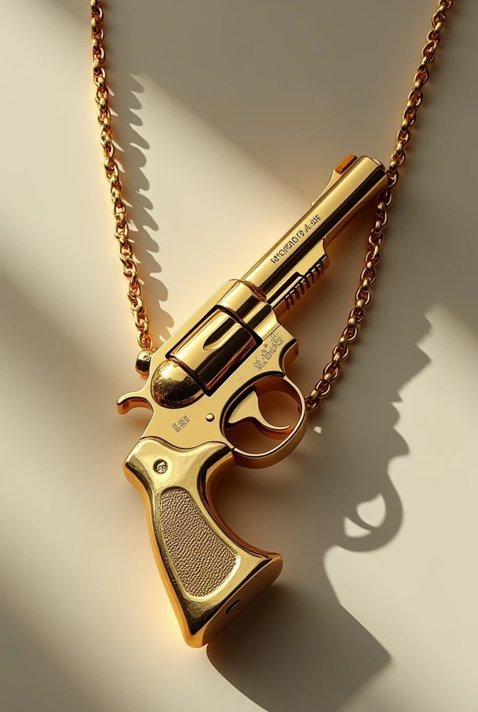 Gold necklace with the image of a gun and the gun saying Cheily