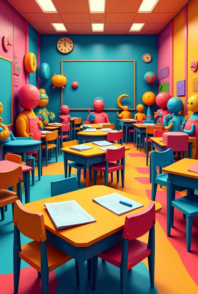 Drawing of a classroom made with pure figures that does not have people and is very colorful that looks like a drawing a little bigger and with more figures with more abstract figures and a slightly larger room, just remove the people and make the tables and chairs figures too