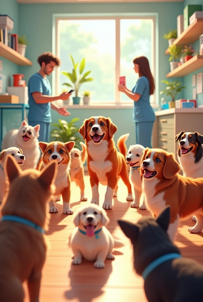 Generate a picture of vet
 full of dogs


