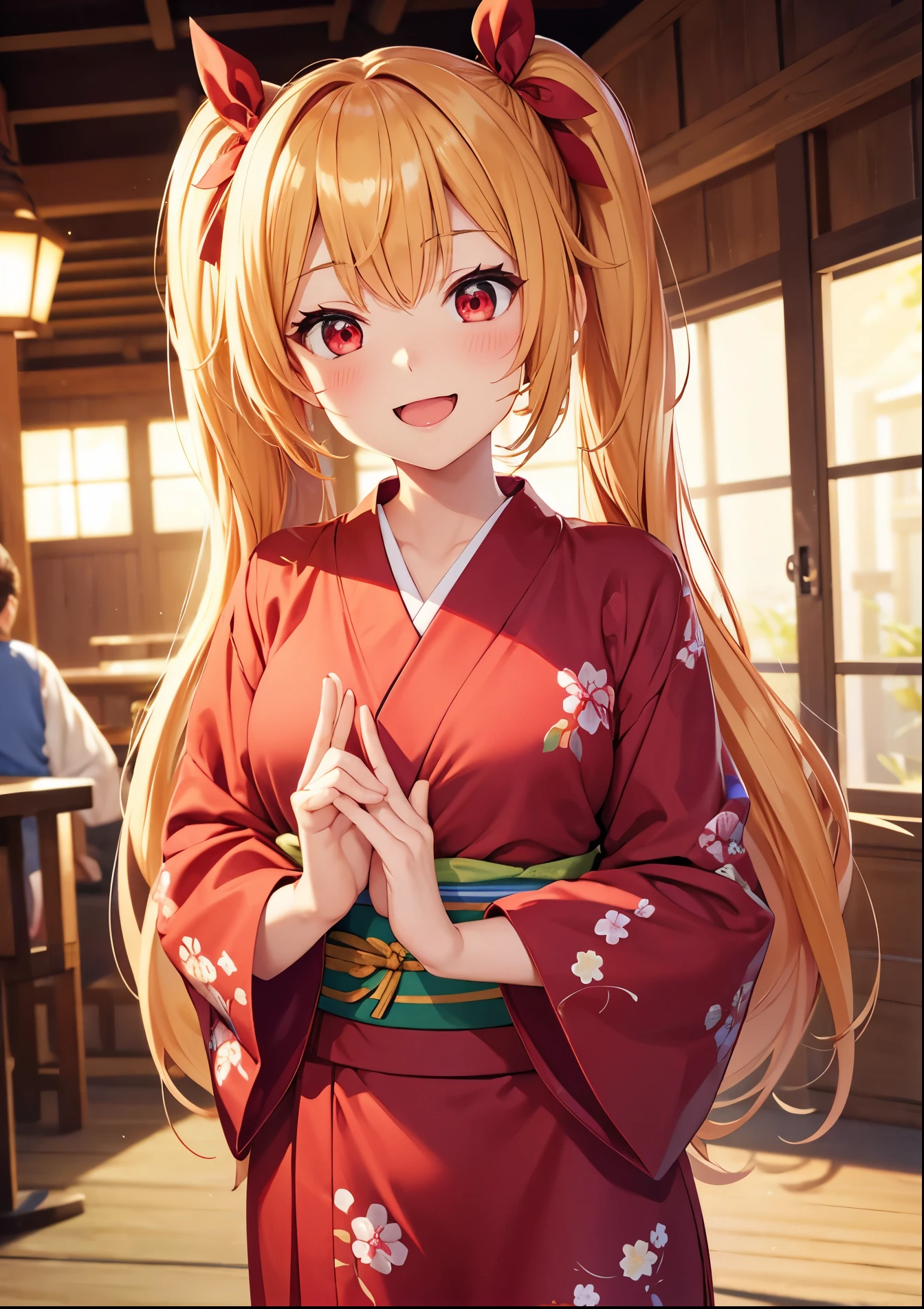 Idol-like anime character, cute face, big mouth with a big smile, droopy eyes, cheerful expression, customer service, blond twin-tail hair, wearing red ribbon, small breasts, landlady of a hot spring hotel, long-sleeved yukata,.
hair clip, hands open, focus on face, front view, red eyes, both hands. 5 fingers, no shadow on background, high quality