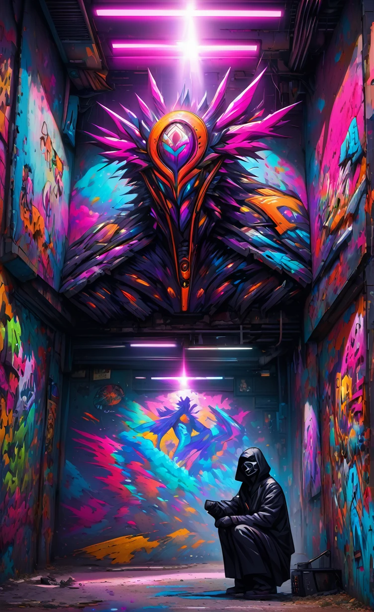 In the heart of the neon jungle, a shadowy figure emerges, a phantom in the electric night. Cloaked in darkness, with a jacket that dances with neon whispers, they crouch atop the city's spine, eyes hidden behind a mask of steel and light. Red eyes pierce the gloom, a silent sentinel watching over a world awash with crimson and violet hues. The air is thick with the scent of spray paint and the hum of the high-tech hustle below, a canvas of chaos where every wall tells a story, every alley whispers secrets. This is the domain of the digital renegade, the graffitipunk's playground, a cinematic tableau of dark fantasy etched in light and shadow., graffiti, photo, cinematic, dark fantasy