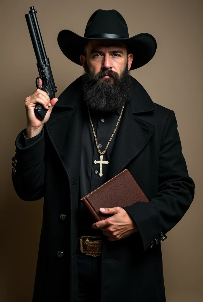 A pastor wearing a black cowboy hat, black trench coat, wearing a Christian cross necklace, holding a bible, with aa black beard also holding a six slinger.