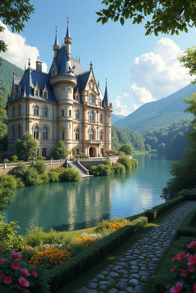 French chateau with a river in the background 