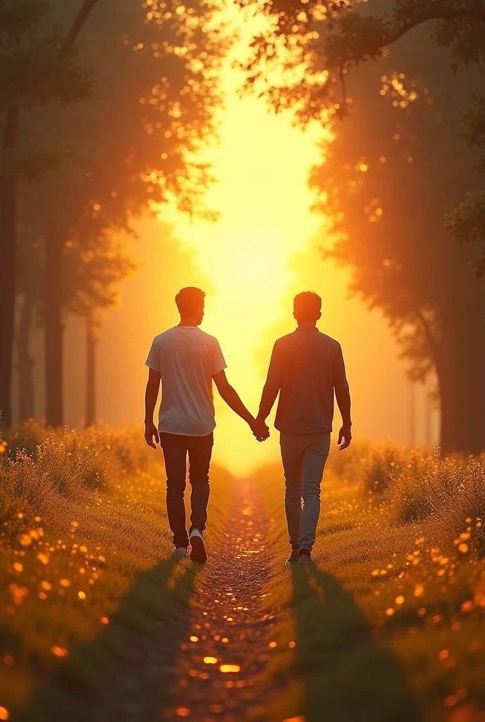 perfect Two young men walk forward on a flower path, one friend stretches his hand towards the light and the other friend leads towards the bright yellow light seen in the distance, a view of the light in the distance, realistic pic, attractive pic