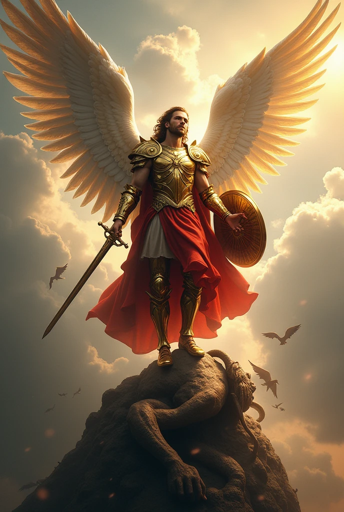 Create an image of a sky with large clouds, place an image of Saint Michael the Archangel as described by the Catholic faith, with the sword in his right hand, a shield in the left hand, with her feet stepping on the head of Satan the demon Lucifer and with golden armor and a red skirt