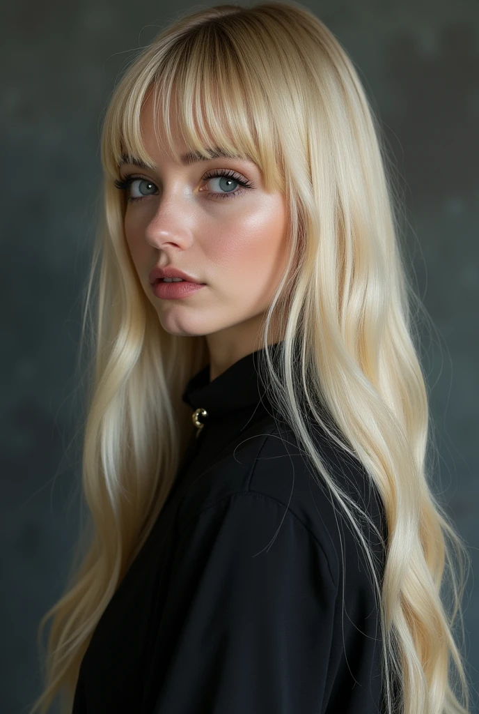 ¿a gothic woman with very long straight blonde hair and bangs?