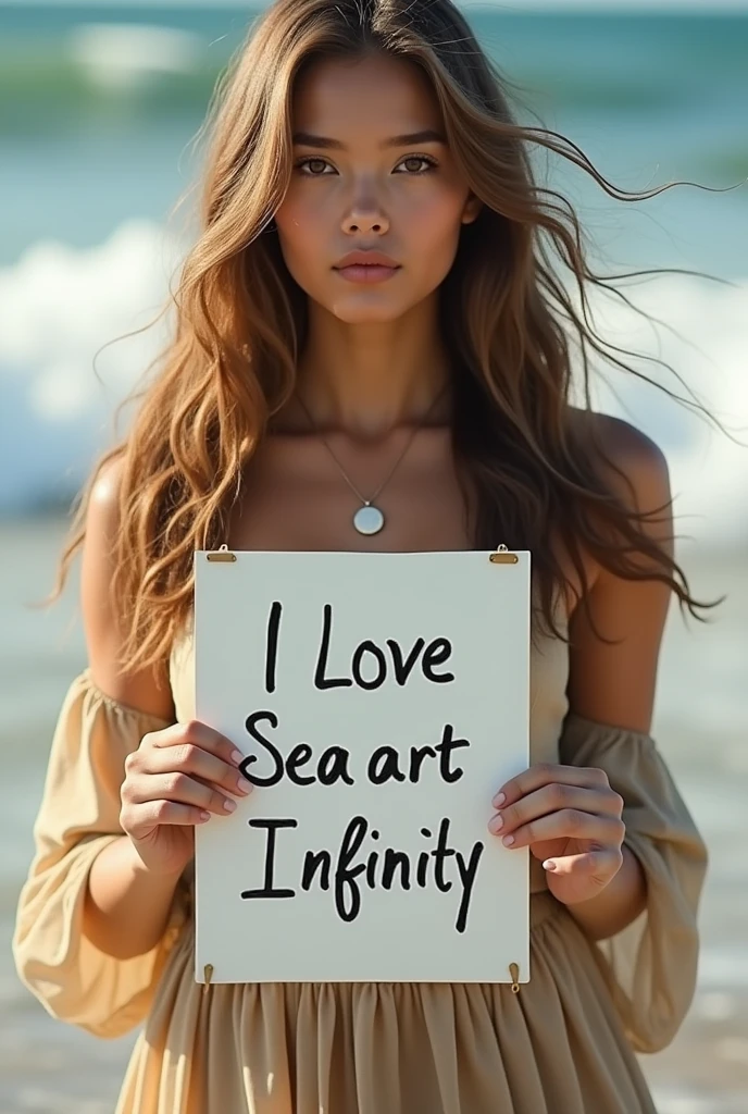 Beautiful girl with wavy long hair, bohemian dress, holding a white board with text "I Love Seaart Infinity" and showing it to the viewer