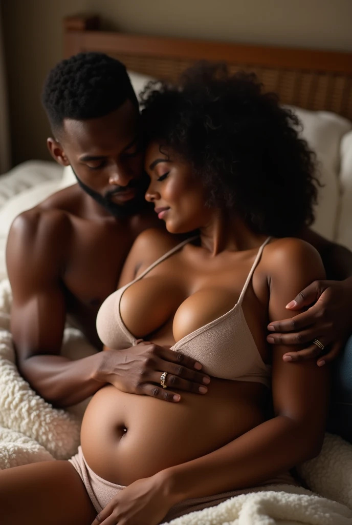 Faite une photo d'un couple africain coucher sur le lit , la femme est plus grosse que l'homme, celui-ci est derrière elle posant sa main sur ses seins