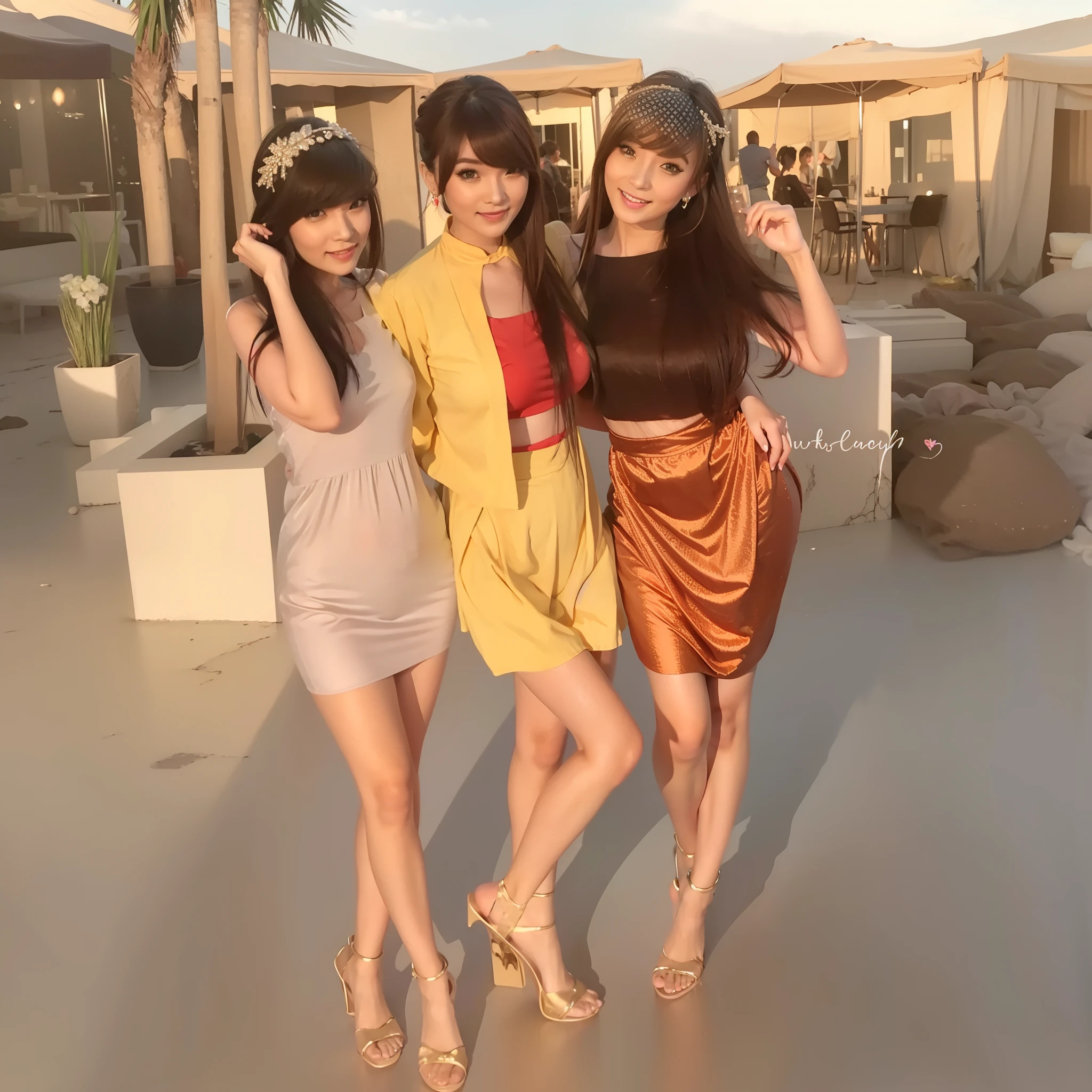 woman in slighty smiles, mini dress, breast cleavage, sensual pose, breast,earring, full body ,looking at viewer, bangs hairstyle, long hair, flawless makeup, high quality, photorealistic,masterpiece