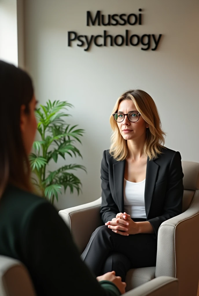 Create an image of a psychology office with the sign "Mussoi Psychology" on the wall. There is a stylish plant in the background.
The psychologist is a 50-year-old blonde woman, green-eyed, with shoulder length hair. She is looking down at her notes. she wears glasses, is wearing a suit and is sitting in an armchair, attending to a patient whose face is not visible.