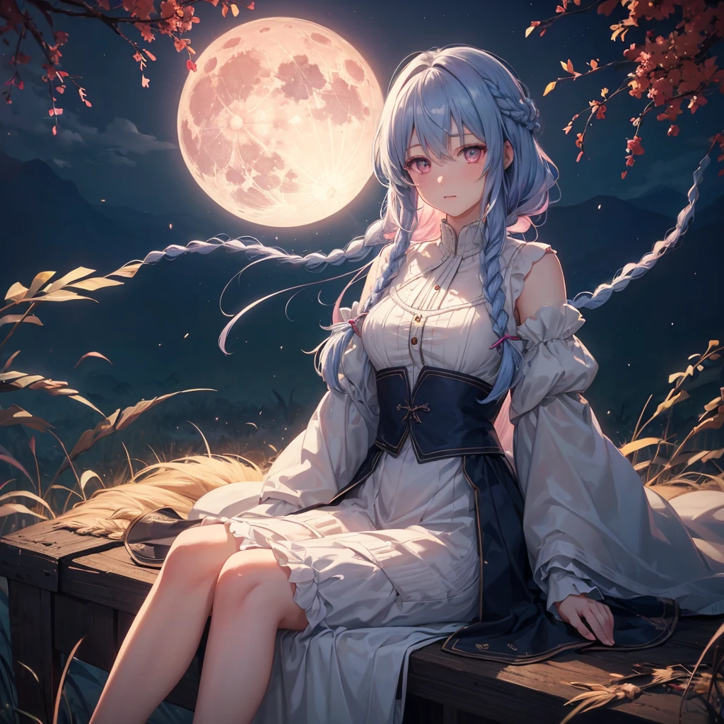 (Braiding),(Sky blue medium hair), (Pink eyes),(Fair skin) ,(whole body),(One Girl),(harvest moon),(A large amount of Miscanthus sinensis in the background),autumn,(full moon),(masterpiece, Highest quality, Very detailed, Best Shadow), (Detailed Background), (Beautifully detailed face), High Contrast, (Best lighting, Very delicate and beautiful), ((Cinematic Light)), Hyper Detail,8k, Dramatic Light, Intricate details