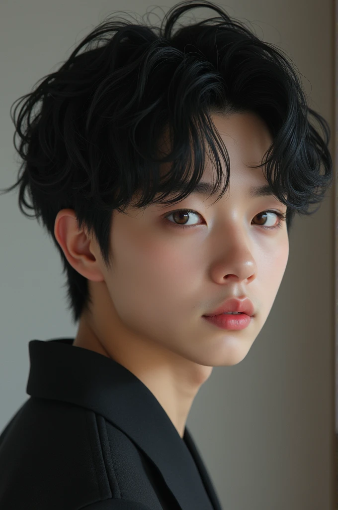 Black haired boy 17 years old white skin brown eyes and Korean haircut
