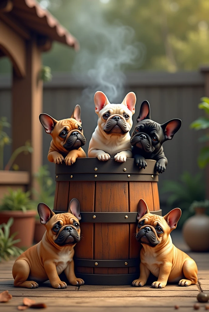 French bulldogs with a smoker barrel