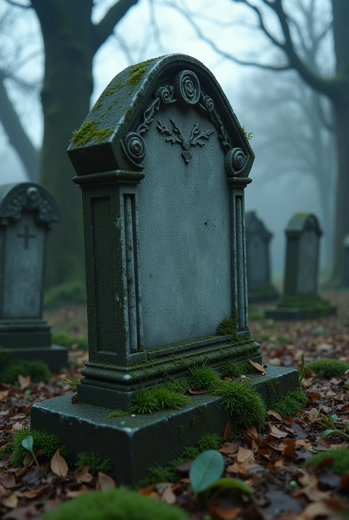 A tombstone in a Tim Burton-style gothic cemetery