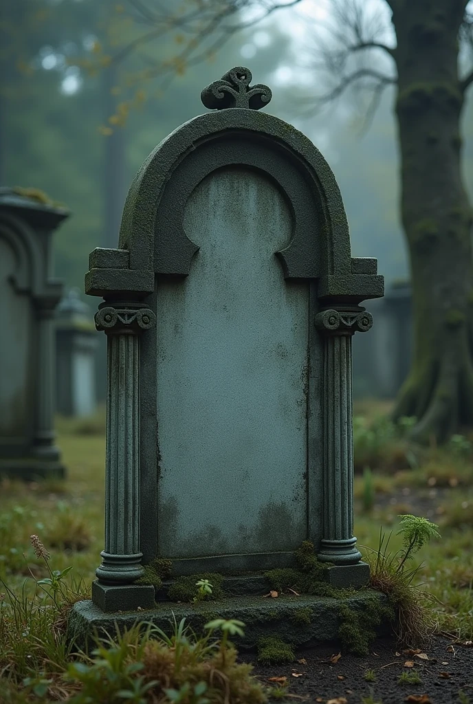 A tombstone in a Tim Burton-style gothic cemetery