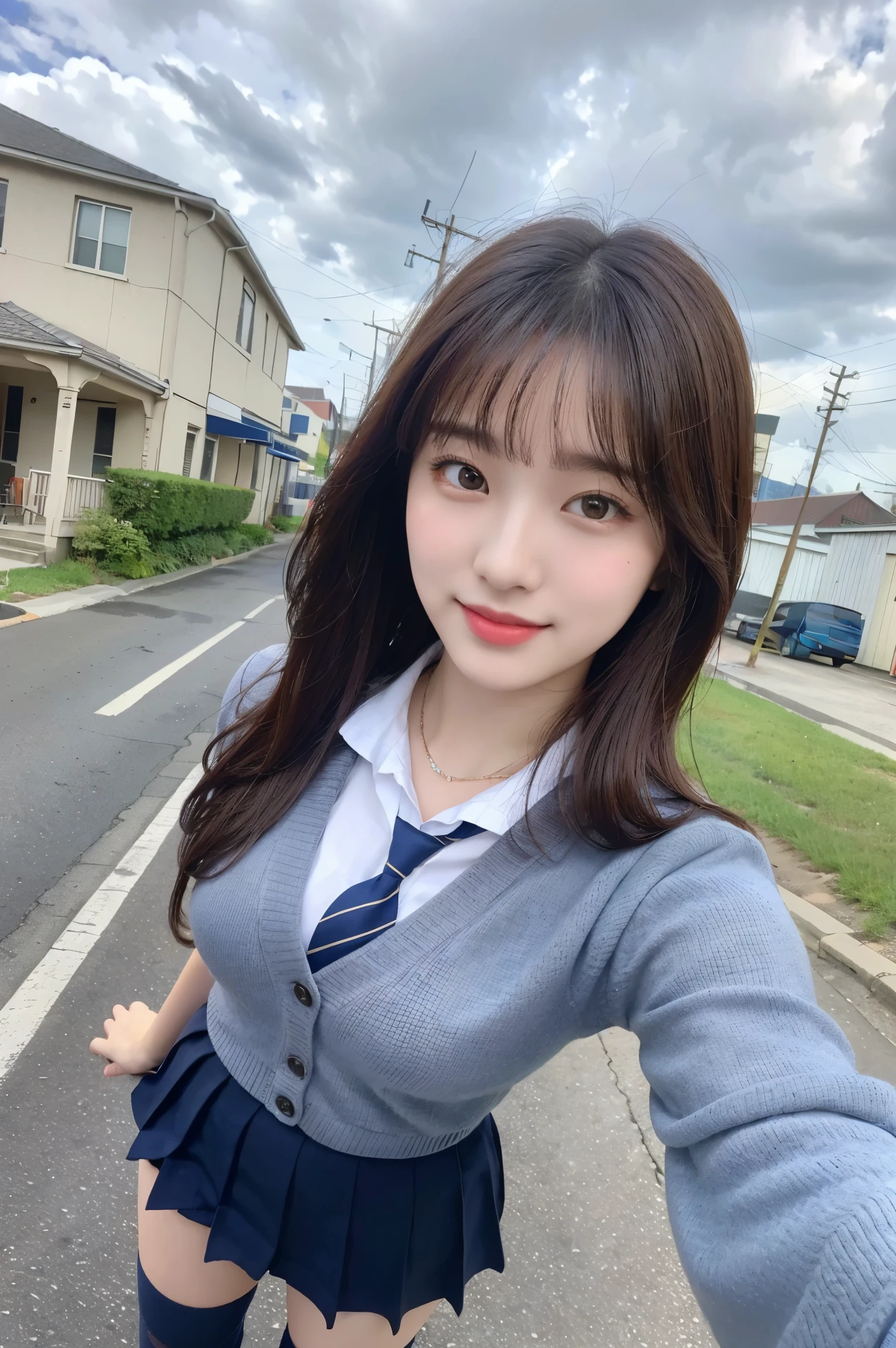(8K), (Highest Quality: 1.2), (Realistic), (Realistic: 1.37), Ultra High Resolution, (One Girl, Cute, Smiling, Closed Mouth, Thick Lips, Red Lips, Beautiful Details, Beautiful Nose, (Bob Hair), 16 Years Old,, Selfie Snap, (School Uniform), (Navy Blue Cardigan), White Shirt, Tie, Pleated Skirt, (Blue Knee-High Socks), From Above, Close-up of Face, Thin Necklace, (Medium Shot: 1.2), There are houses and utility poles in the background and the slightly cloudy sky creates a soft and calm atmosphere.