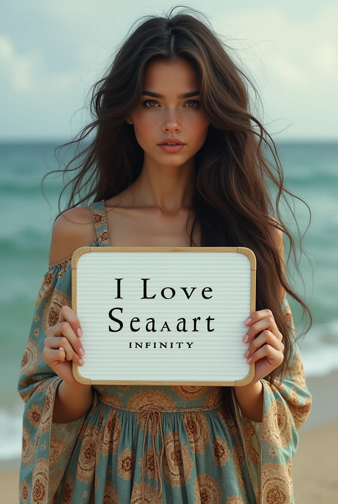 Beautiful girl with wavy long hair, bohemian dress, holding a white board with text "I Love Seaart Infinity" and showing it to the viewer