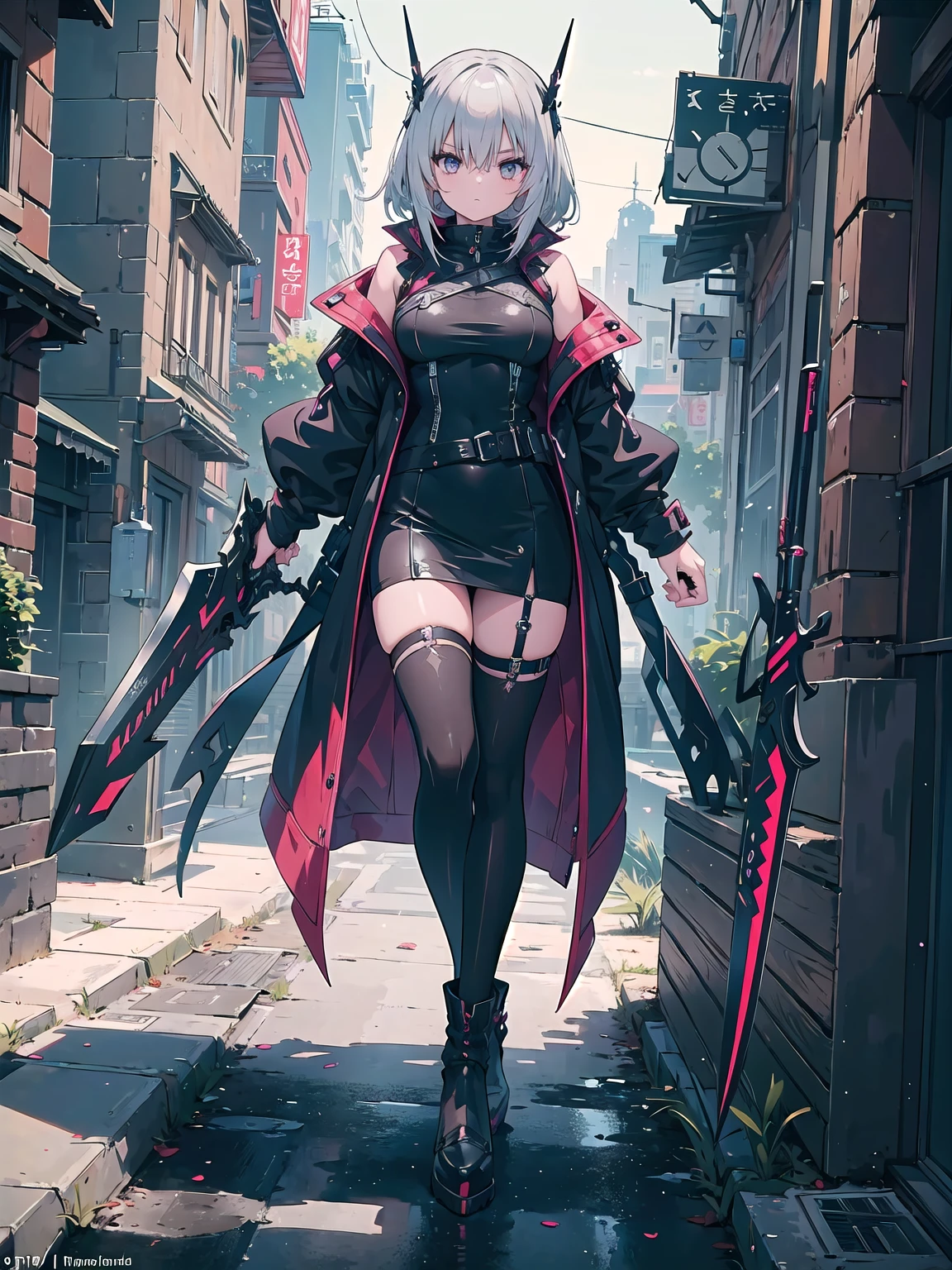 (((masterpiece, best quality, high detailed, 16k))) (1girl) A cunning assassin with short, spiky silver hair and cold, calculating grey eyes. She wears a tight, black leather outfit with red accents that allow her to blend into the shadows. Her weapons of choice are a pair of curved daggers, one in each hand, and her movements are quick and precise. ((full body view))