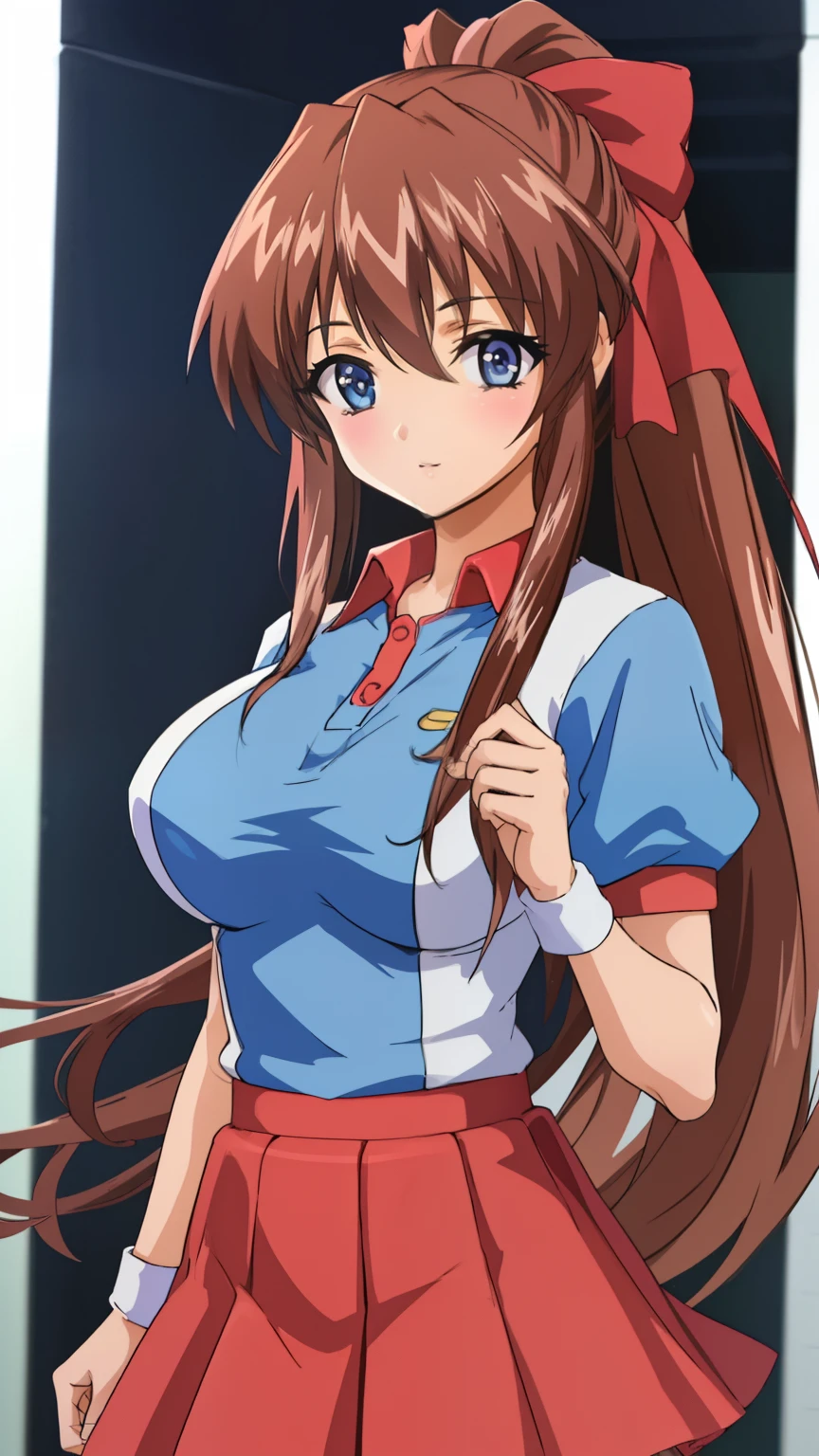 (Anime artwork, Anime Style, Studio Anime, Very detailed, Latest, Vibrant, Anime Coloring Book, High Contrast, masterpiece:1.2, Highest quality, Best aesthetics), (beautifully detailed eyes:1.2), Straight long hair, Large medium breasts, Hair Ribbon, (tennis play, hair bow, tennis uniform, polo shirt, raglan sleeves, short sleeves, pleated skirt, red skirt),  Asymmetrical bangs, Perfect Proportions, Skin with attention to detail, cute, Detailed face, (Cowboy shot, Dynamic angle:1.2), (Accurate fingertips, Browse 4, Thumb 1),