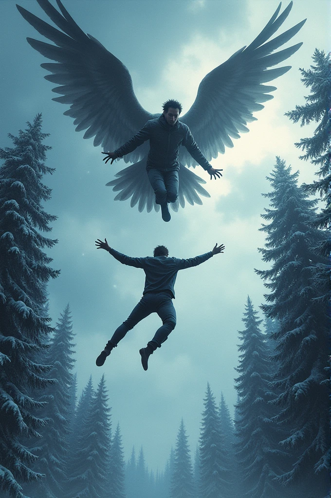 Book cover with a man falling from the sky without consciousness, Below it there is a forest. A man with wings trying to reach it by diving and above him there are many clouds, It's snowing a little and you can see the snowflakes in the distance