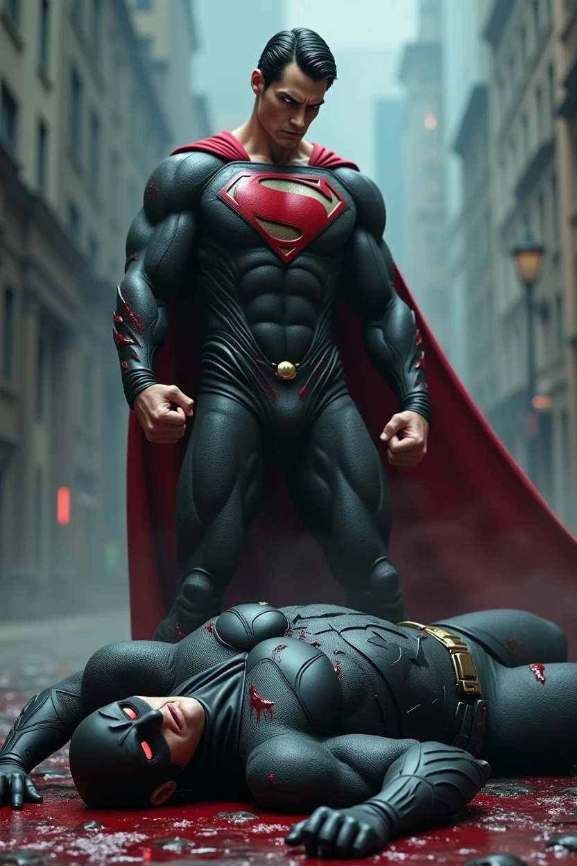 Superman standing angry with bloody fists and black suite and glowing red eyes, batman on the ground dead, laying in his own blood with mask that resembles bat and has closed eyes with apocalyptic background