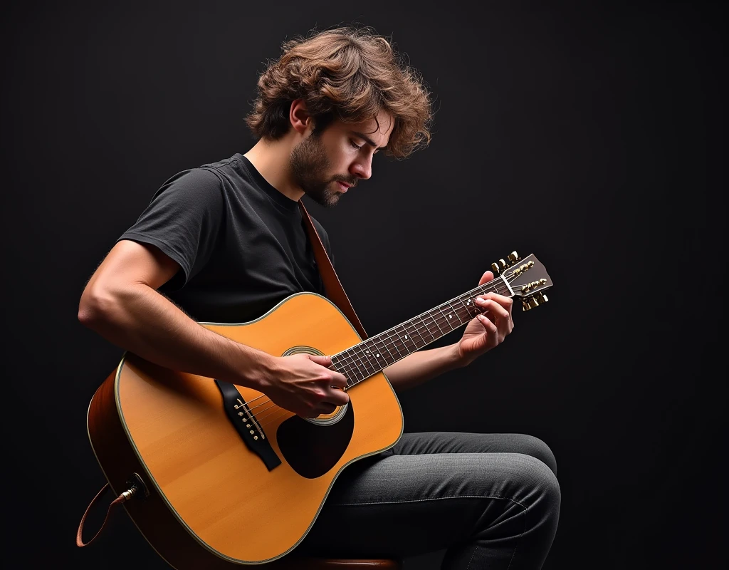 Make a picture of a guitarist looking at his phone while playing