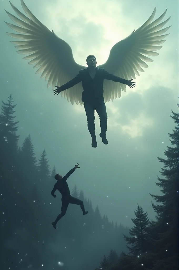 Book cover with a man falling from the sky without consciousness, Below it there is a forest. A man with wings trying to reach it by diving and above him there are many clouds, It's snowing a little and you can see the snowflakes in the distance