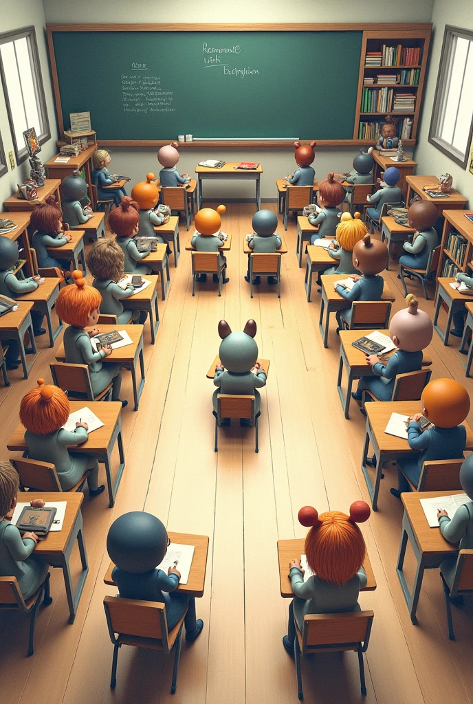 Drawing of a classroom made entirely of figures that is symmetrical and balanced