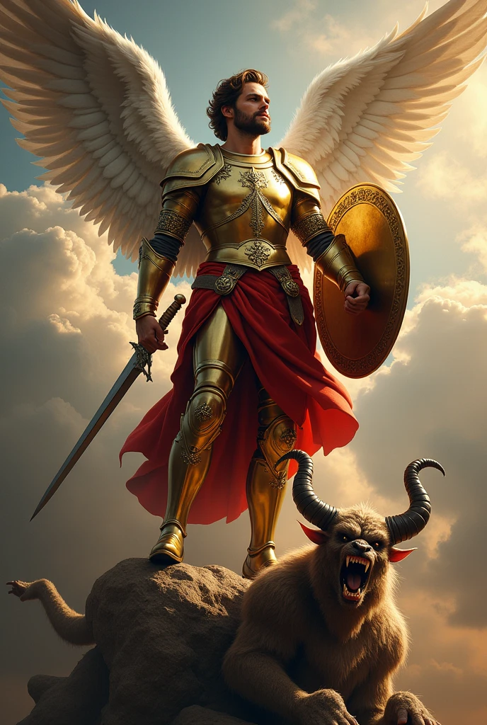 Create an image of a sky with large clouds, place an image of Saint Michael the Archangel as described by the Catholic faith, with the sword in his right hand, a shield in the left hand, with his feet stepping on Satan's head, the angry demon Lucifer, wearing golden armor and a red skirt